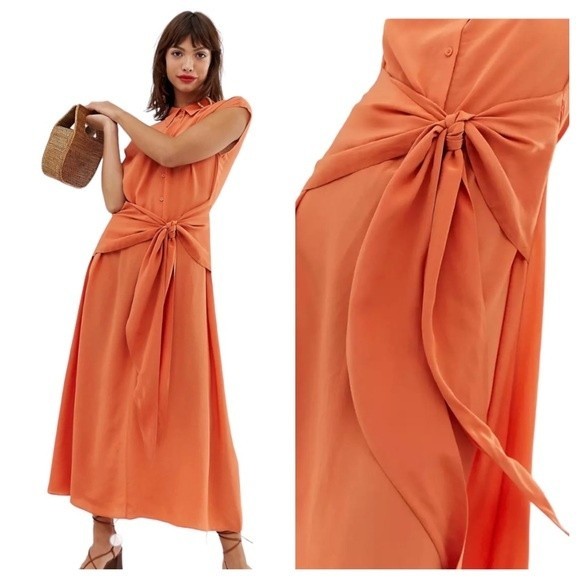 & Other Stories Salmon Orange Waist Knot Midi Dress in Viscose - Size Medium - Picture 7 of 9